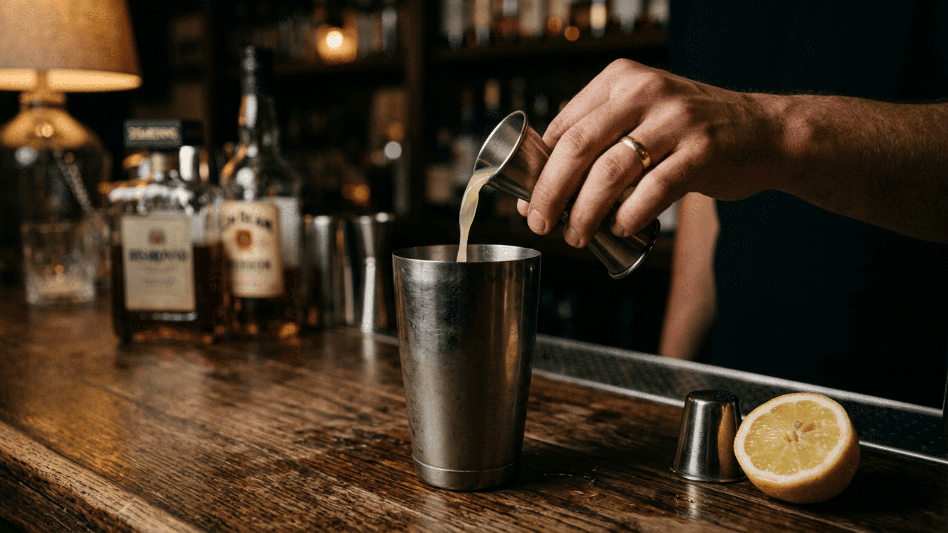 hand pours measured cocktail ingredients from a jigger into a metal shaker
