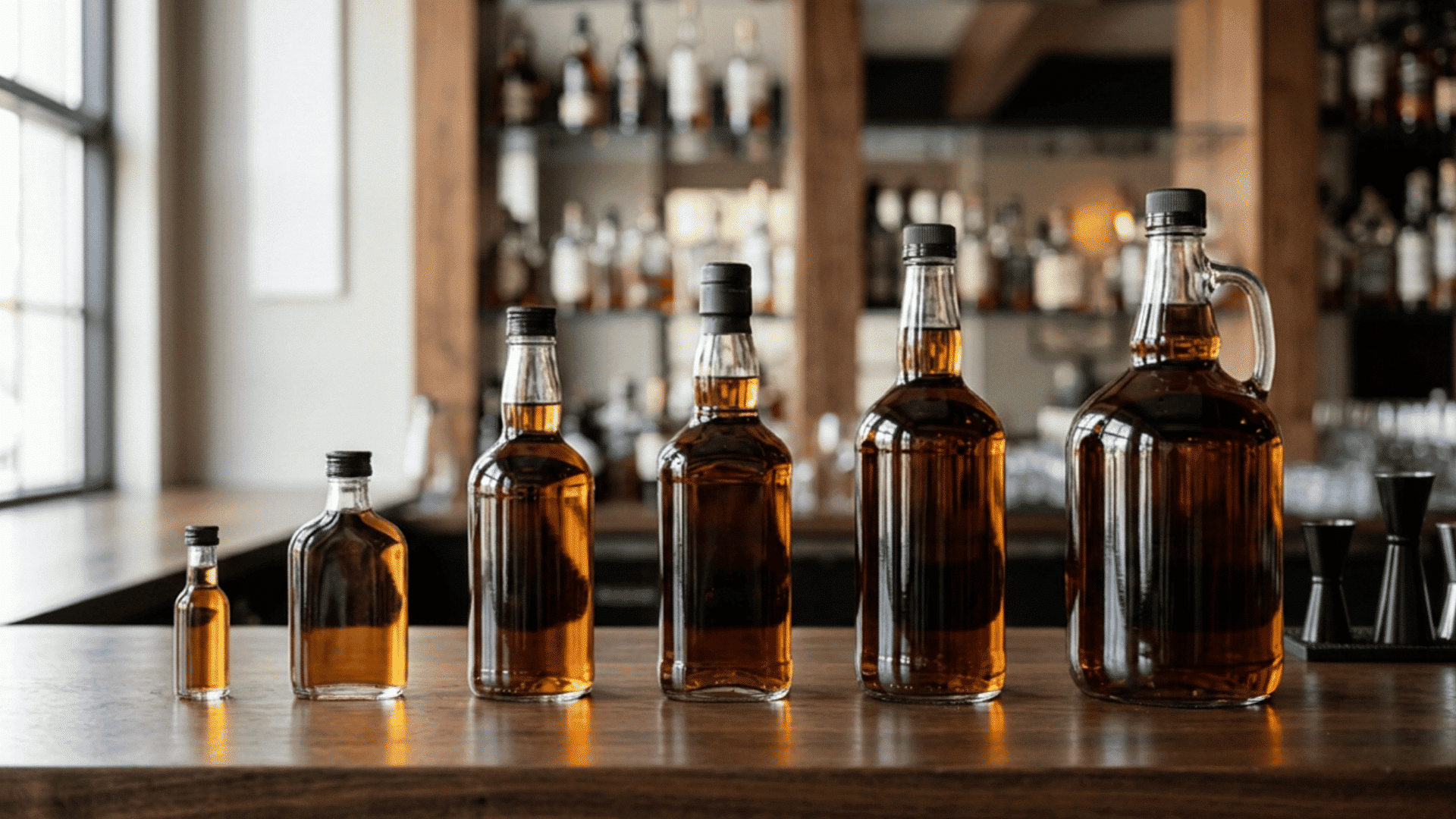 alcohol bottle sizes comparison showing liquor bottles from mini to large handle sizes
