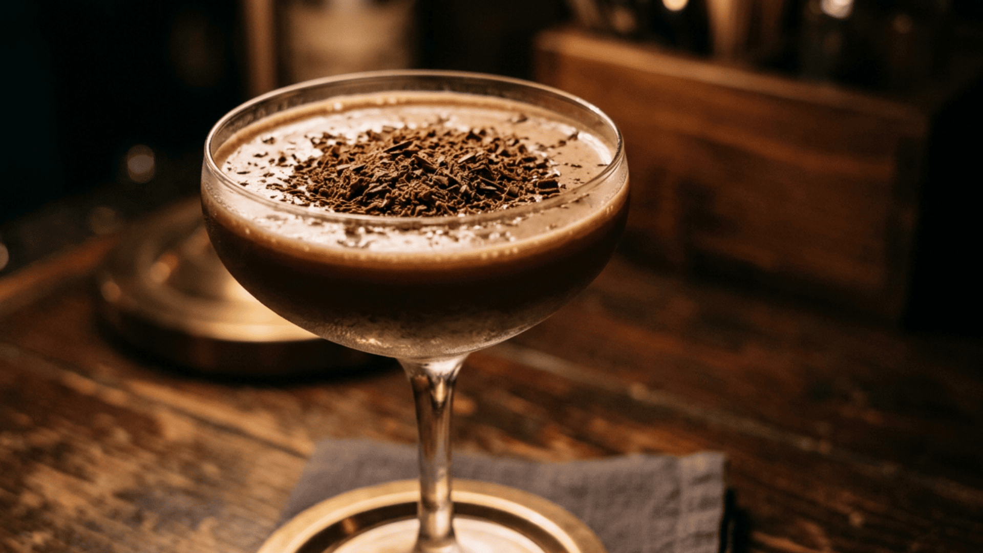 Amaretto Coffee Cocktail garnished with grated dark chocolate