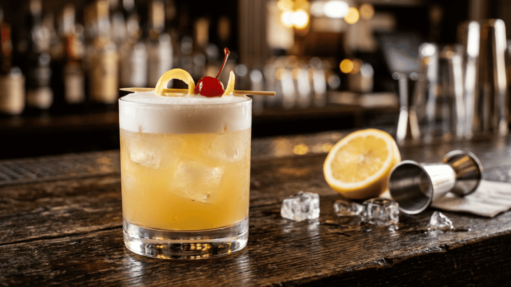 finished amaretto sour with foam, lemon twist, cherry, ice, and a metal jigger