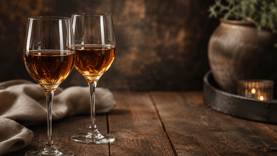 Two glasses of amber sherry wine on a rustic wooden table in a warm candlelit setting