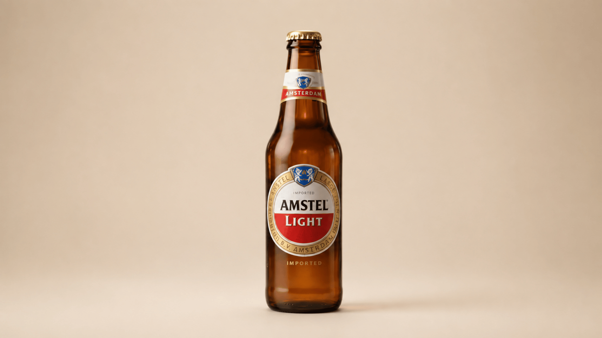 amstel light beer bottle isolated on a simple neutral background.