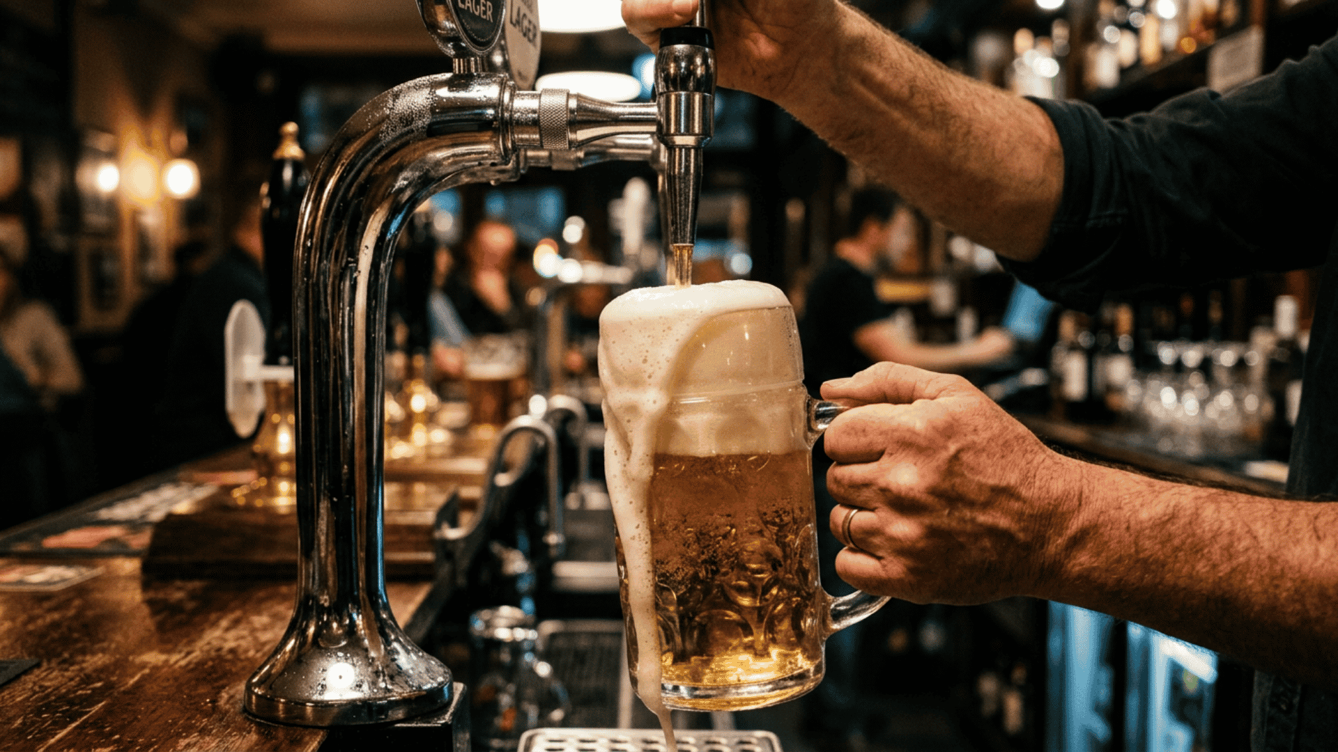 bartender pours foamy lager into a glass mug at a busy bar