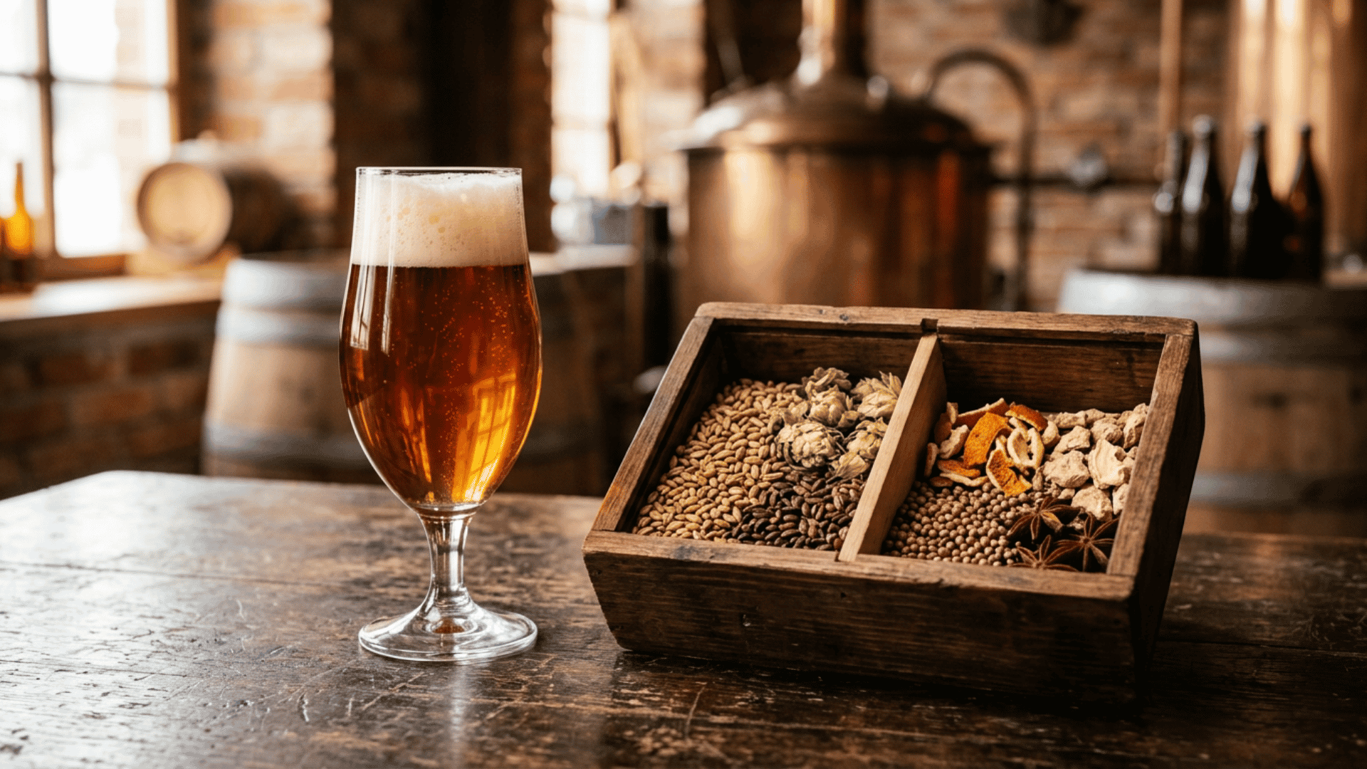 amber beer beside a divided box of grains, hops, spices, and citrus peel