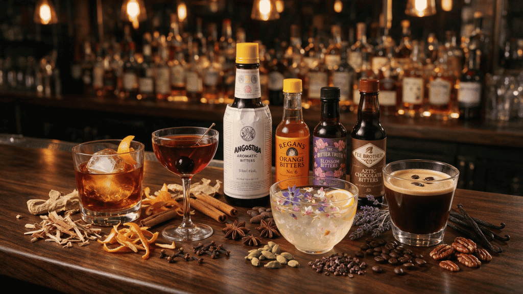 Assorted bitters bottles with classic cocktails, botanicals, and spices arranged on a premium bar counter.