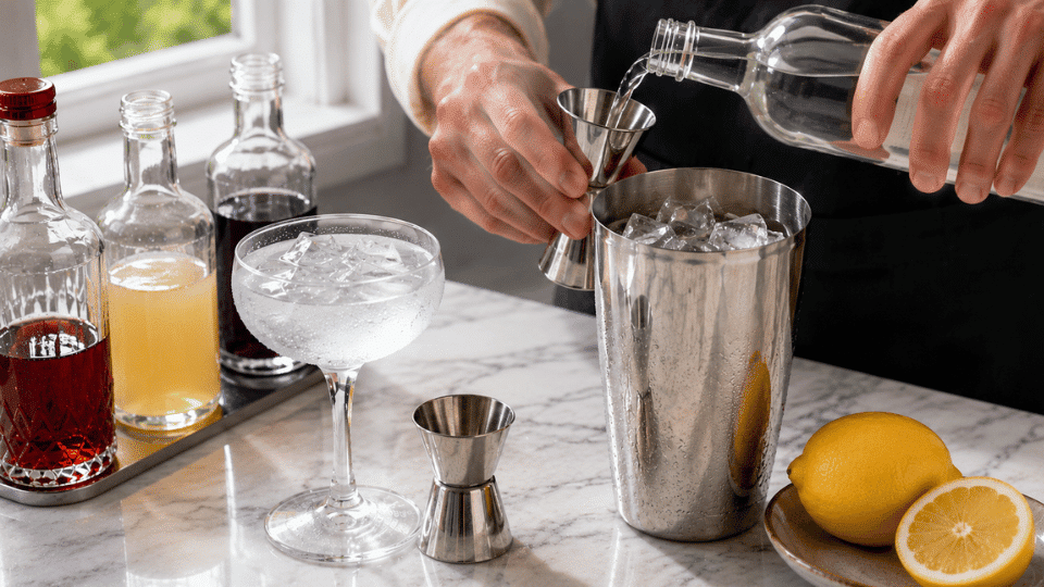 Hands measuring gin into a jigger before pouring into an ice-filled cocktail shaker for an Aviation cocktail