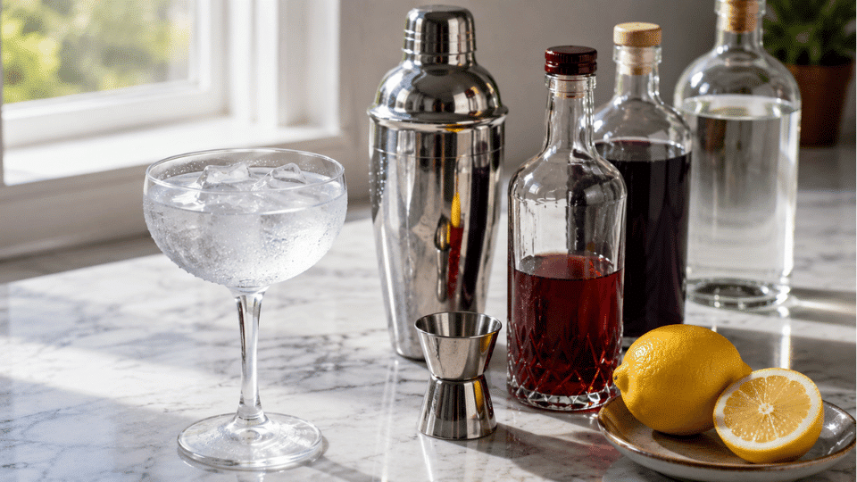 Crystal coupe glass chilling with ice water beside cocktail shaker and Aviation cocktail ingredients on a marble countertop