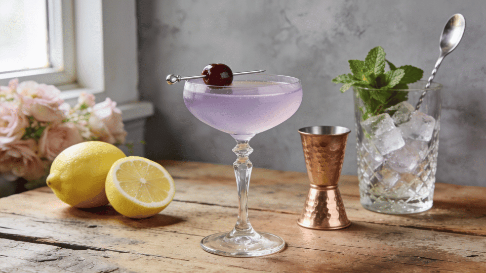 aviation cocktail beside fresh lemons copper jigger and mixing glass on rustic wooden table