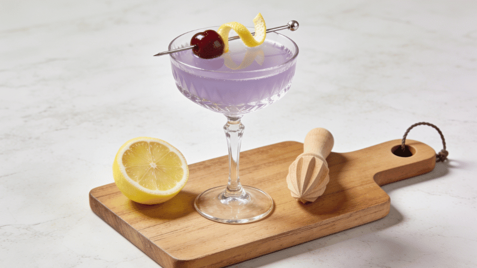 aviation cocktail with cherry garnish on serving board beside fresh lemon and citrus reamer