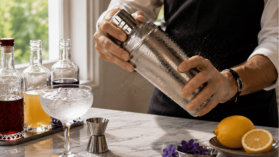 a person measuring gin into a jigger before pouring into an ice-filled cocktail shaker for an Aviation cocktail