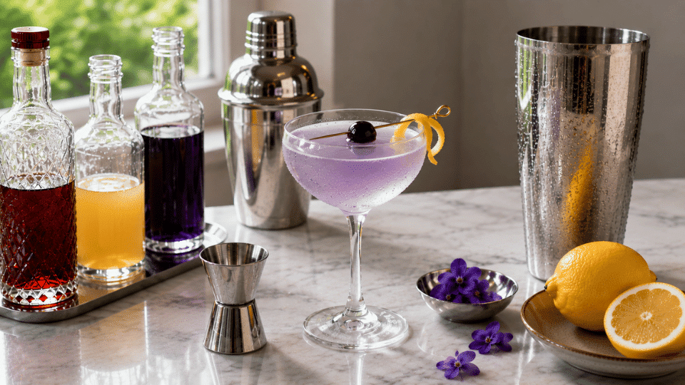aviation cocktail in a chilled coupe glass garnished with a Luxardo cherry, lemon twist, and edible violet flower on a marble countertop