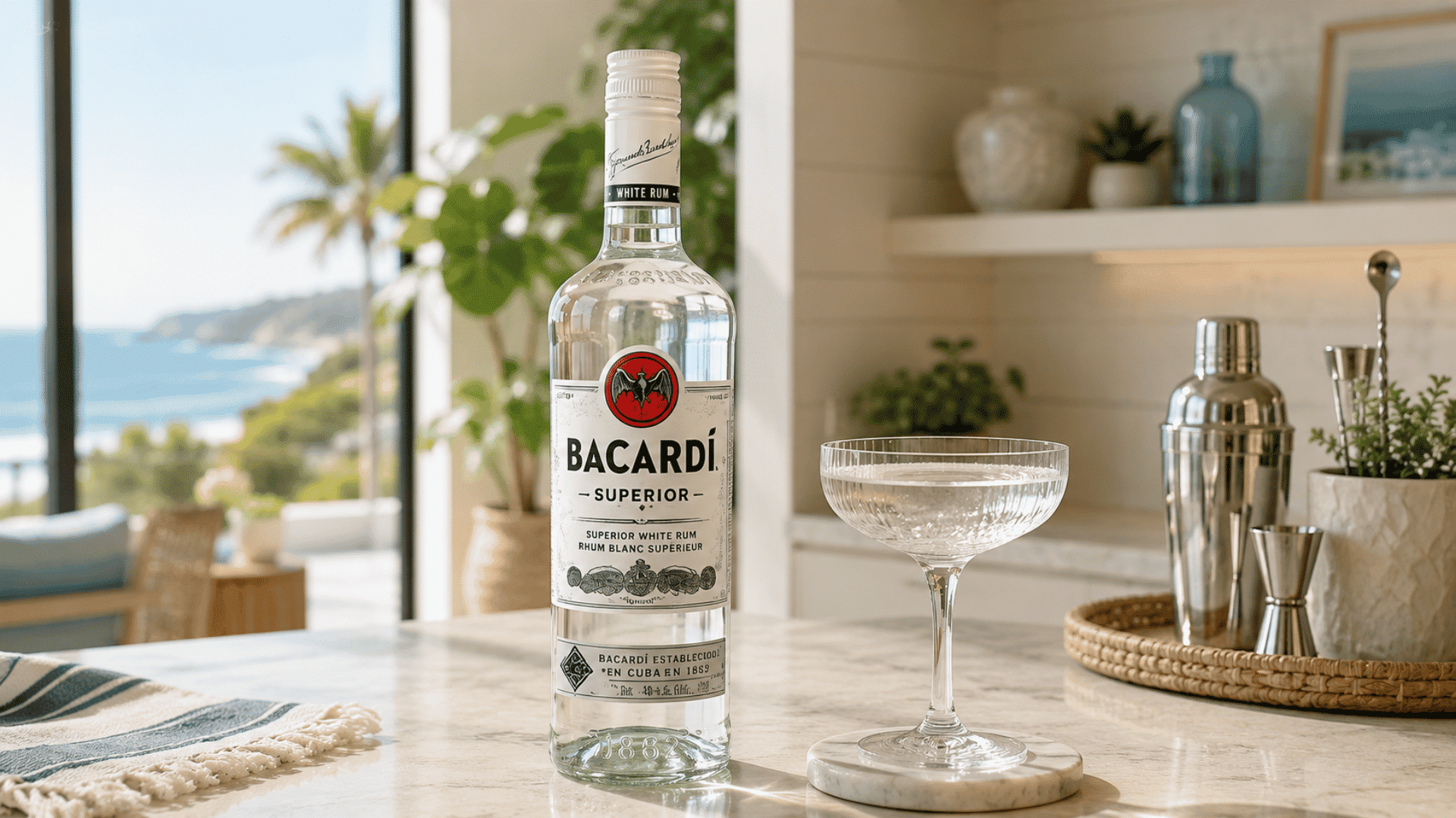 Bacardí Superior white rum bottle on a tropical bar with mojito, mint, and fresh limes.
