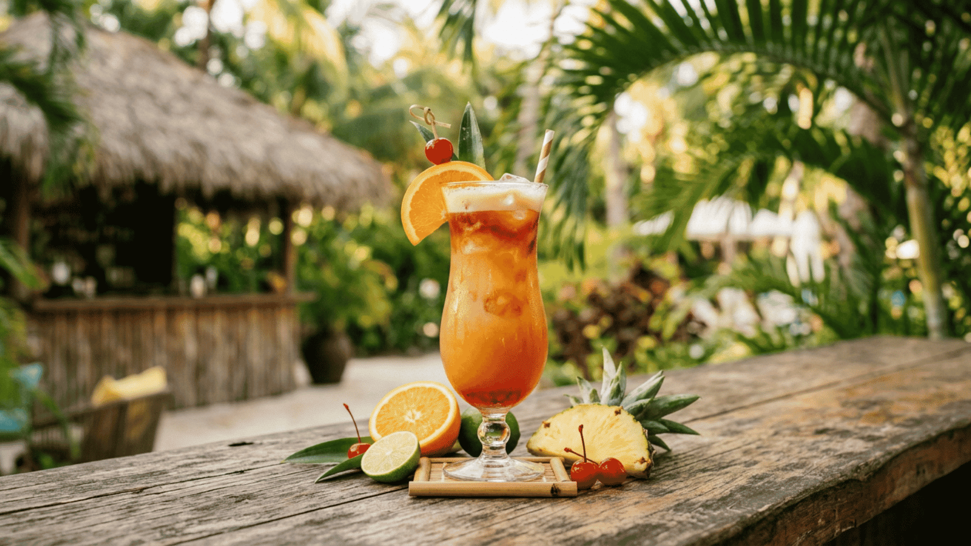 Bahama Mama cocktail with orange, cherry, and pineapple garnish on a rustic tropical bar table.