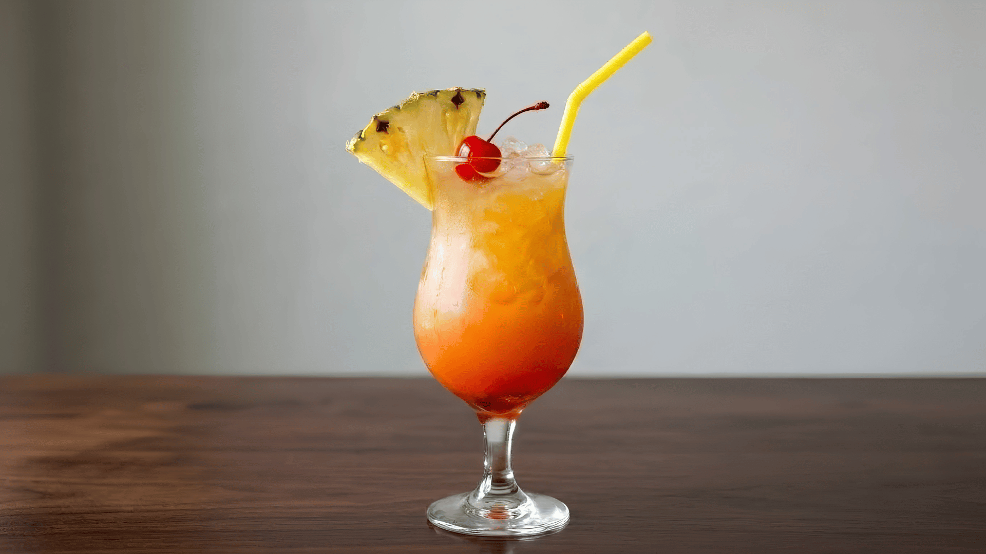 bahama mama cocktail with pineapple and cherry garnish served over ice