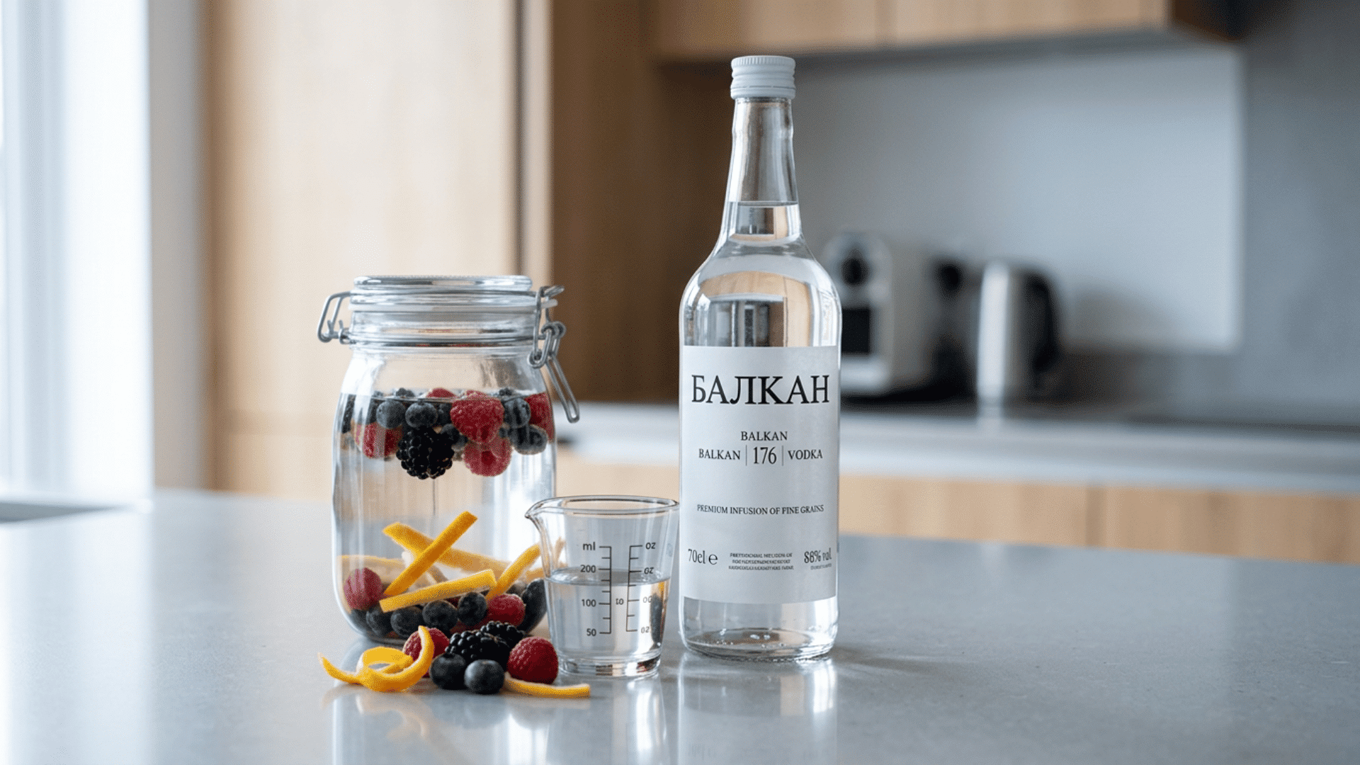 balkan 176 vodka bottle with berries, orange peel, infusion jar and glass cup