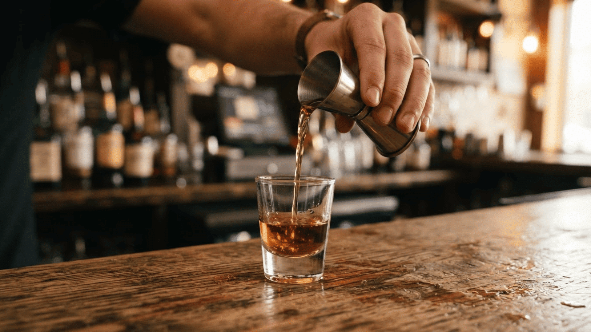 bartender pouring liquor from a metal jigger into a shot glass on a wooden bar