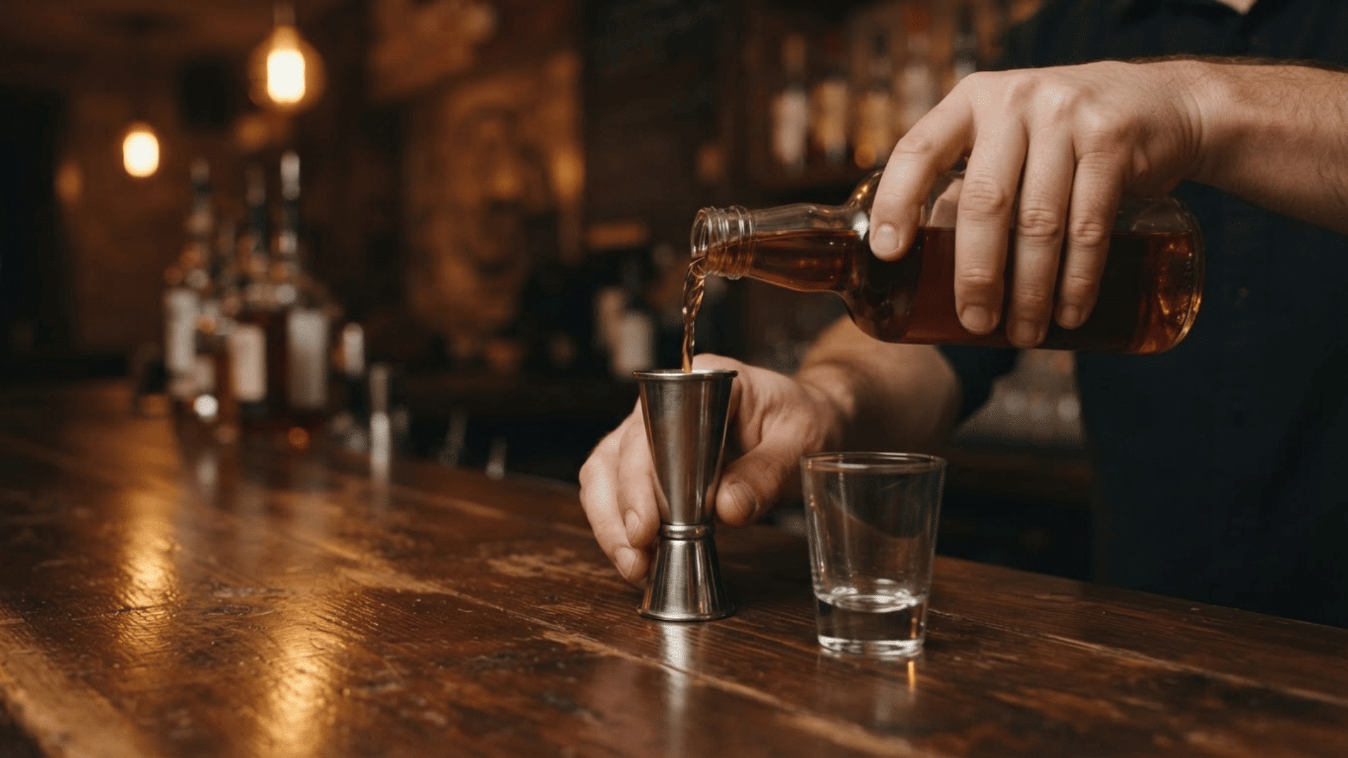 bartender pours amber liquor into a metal jigger beside a shot glass on a wooden bar