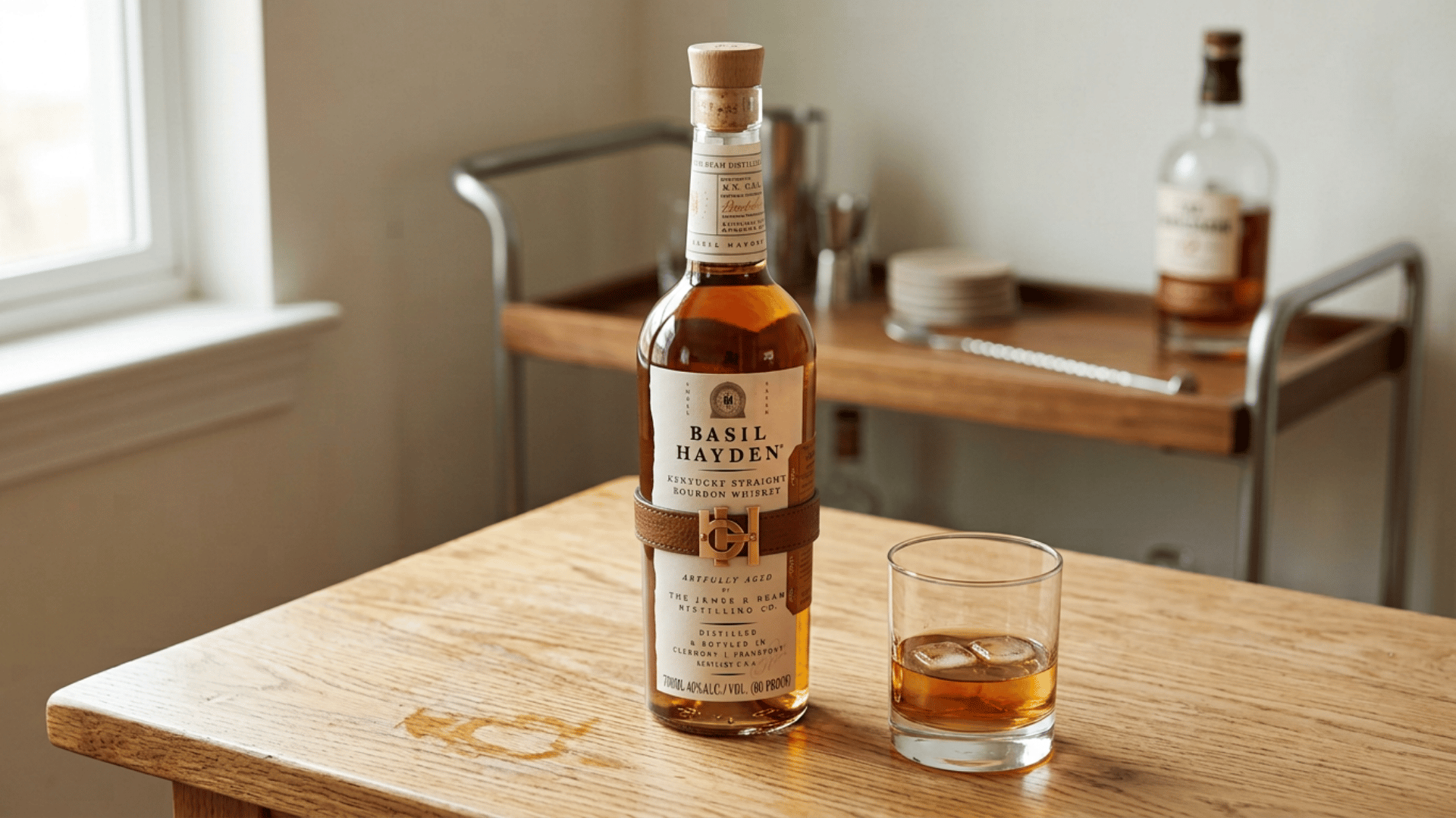 basil haydens bourbon bottle with a leather strap beside a glass on a wooden table near a window