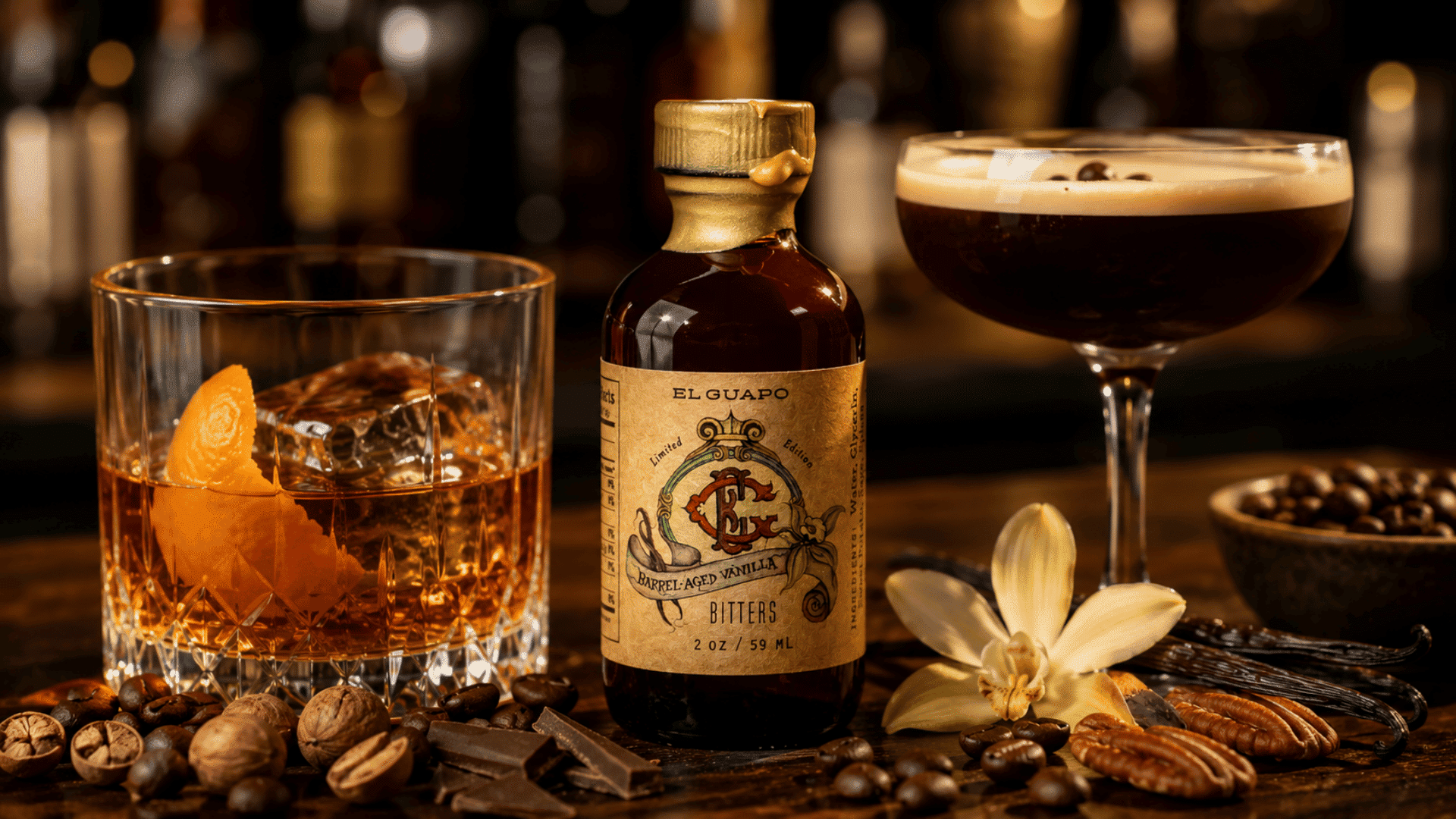 bean and nut cocktail bitters with coffee, chocolate, pecans, and rich after-dinner cocktails on a dark wooden bar