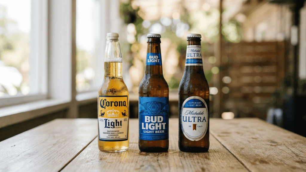 beer bottles displayed on a wooden table for comparison