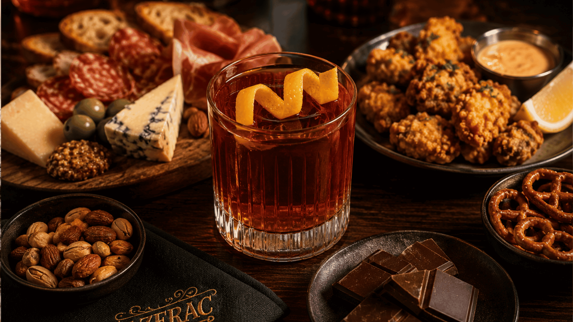 Sazerac cocktail served with cheese, cured meats, fried bites, nuts, chocolate, and pretzels.