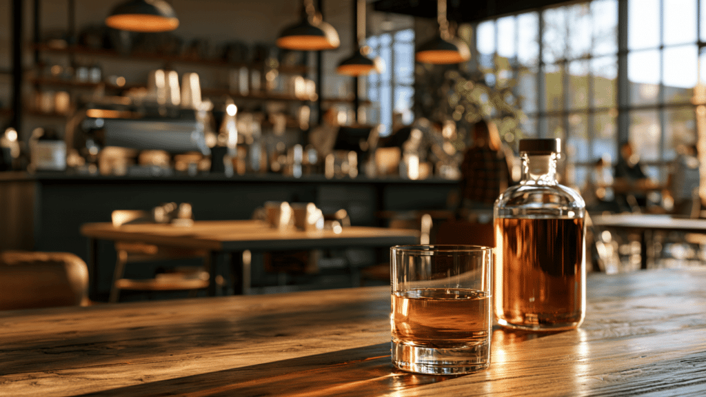 glass and unbranded bottle of high-rye bourbon on a wooden table in a sunlit café