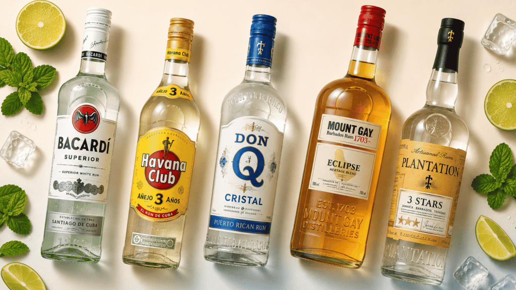 Top white rum bottles with mint, lime, and mojito ingredients on a tropical flat lay background.