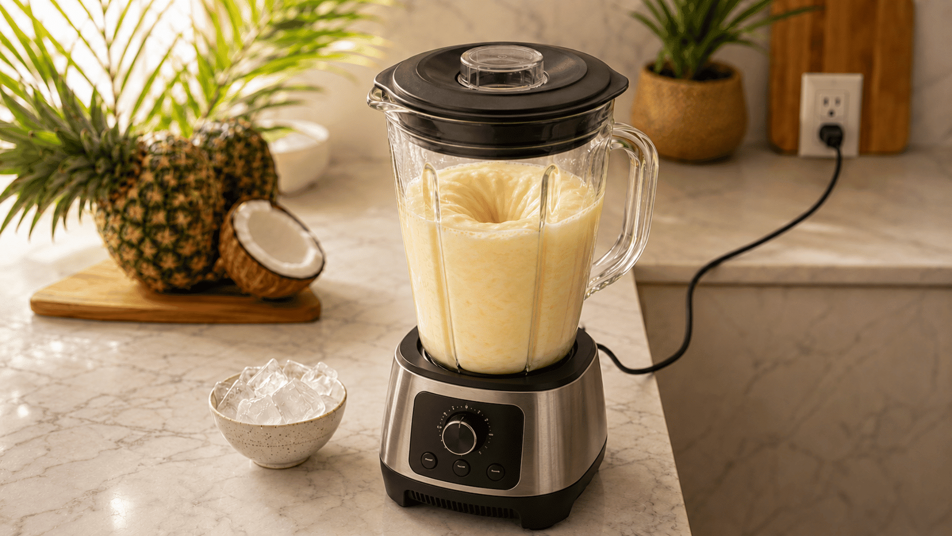 piña colada blending in an electric blender with a secure lid and visible power cord