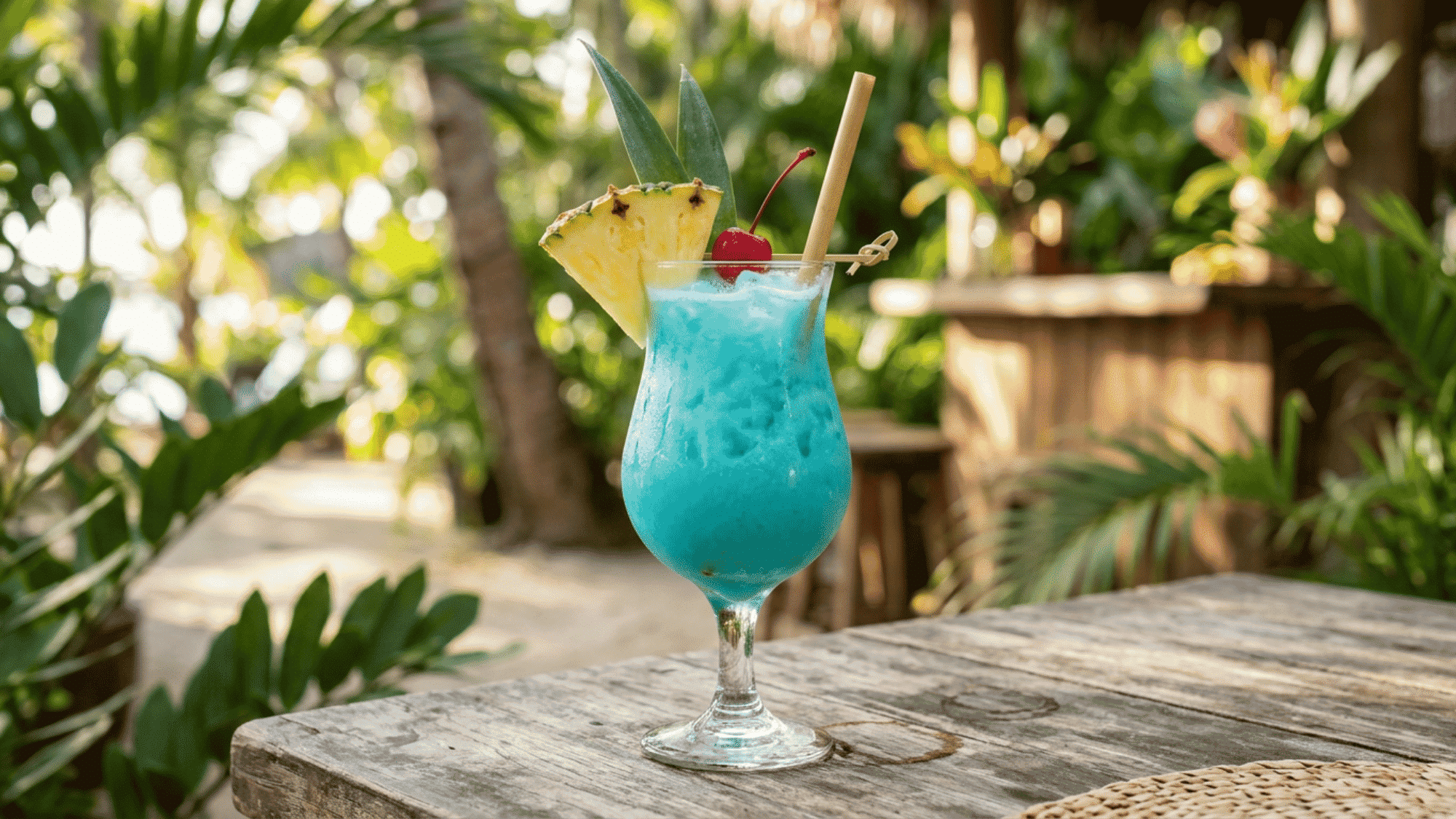 Blue Hawaiian cocktail with pineapple and cherry garnish served on a rustic tropical wooden table.