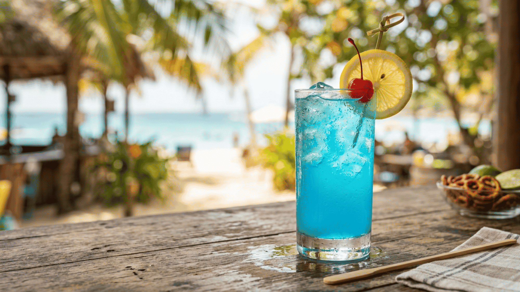 Blue Lagoon cocktail with lemon and cherry garnish served on a rustic beachside wooden table.