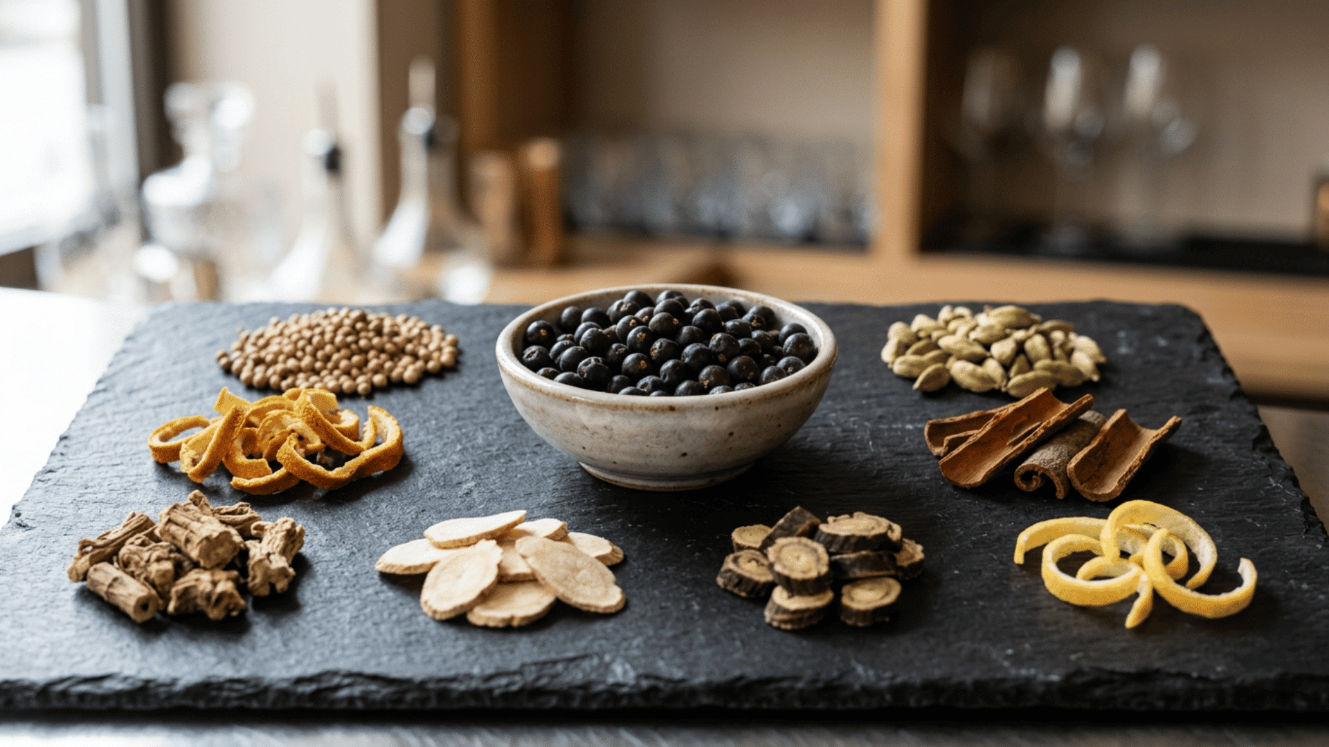Juniper berries and assorted gin botanicals arranged on a flat dark slate board.