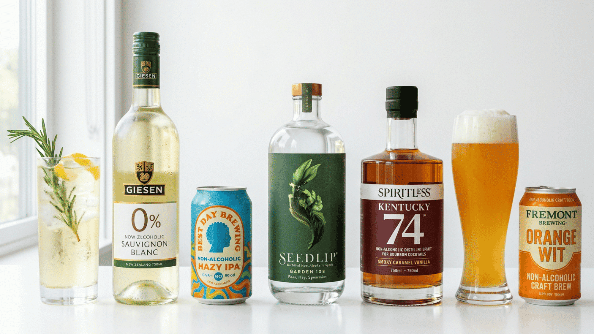 Bottles of zero-proof spirits and non-alcoholic beverages.
