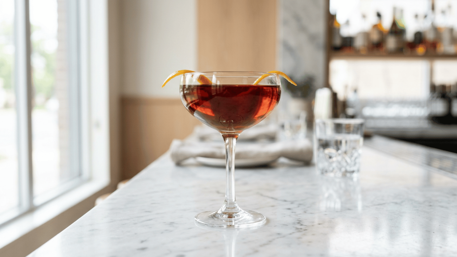 Coffee Boulevardier cocktail with orange peel over a large ice cube