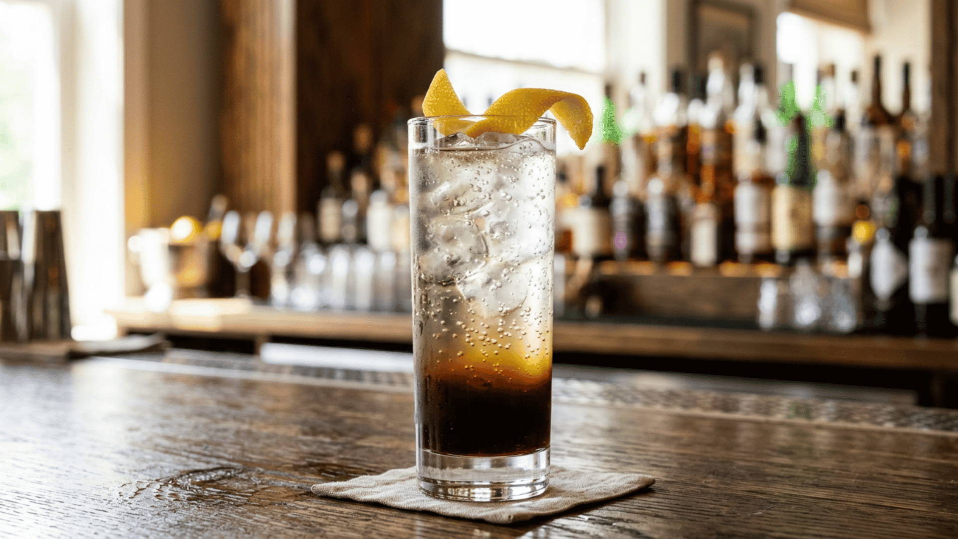 Brown Sugar Espresso Highball with soda water and lemon peel garnish
