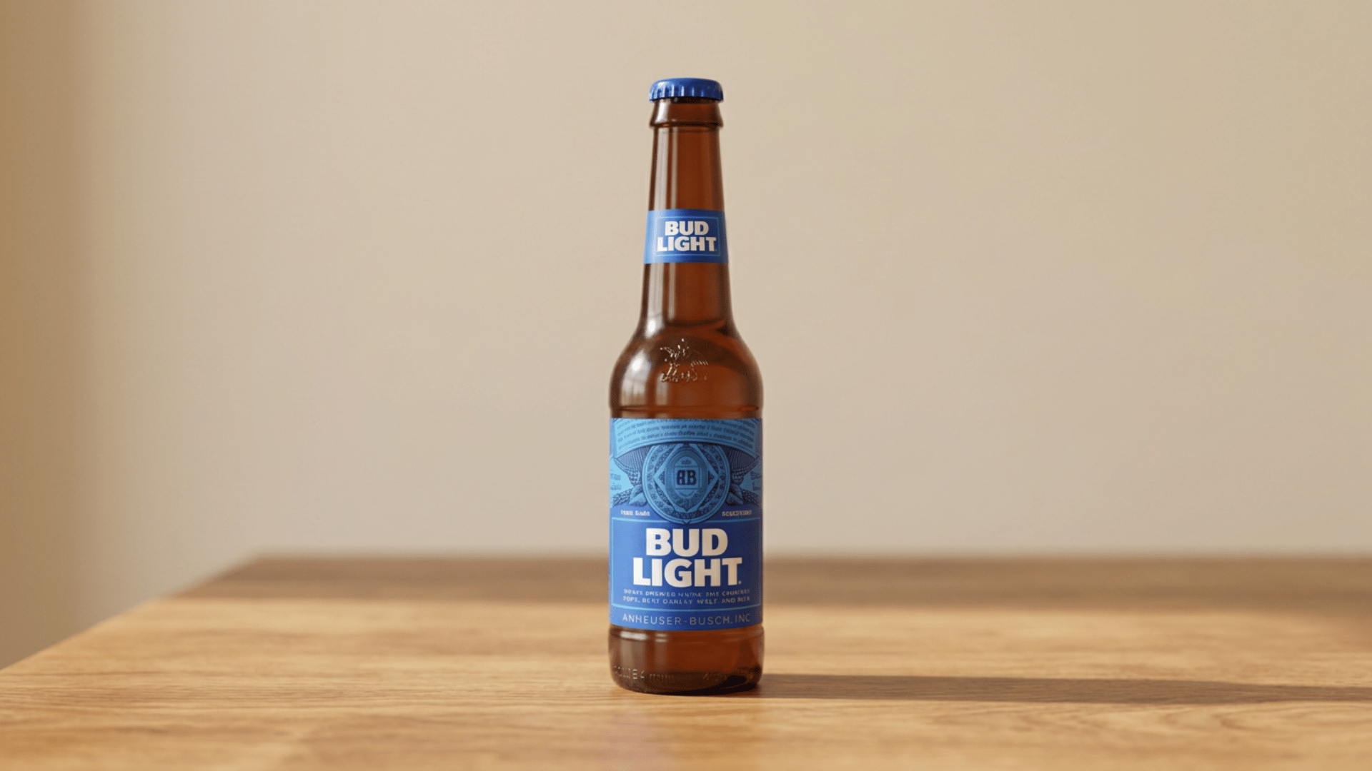 Bud Light bottle with condensation placed on a wooden table with simple background.