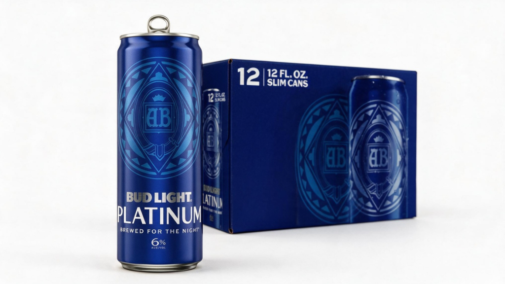 Bud Light Platinum 6% ABV slim can displayed beside a blue 12-pack box on a white background