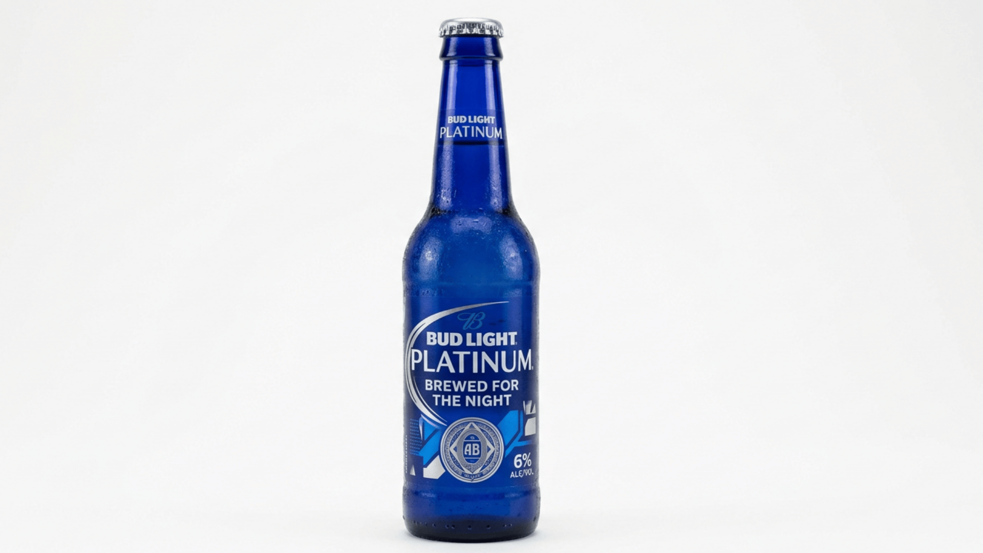 Single blue Bud Light Platinum bottle with the visible 6% ABV label against a clean white background