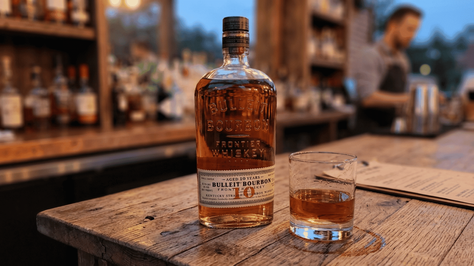 bulleit bourbon bottle and a glass of whiskey on a rustic bar table with a bartender nearby