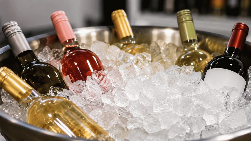 Wine bottles chilling in a metal tub filled with crushed ice before serving.