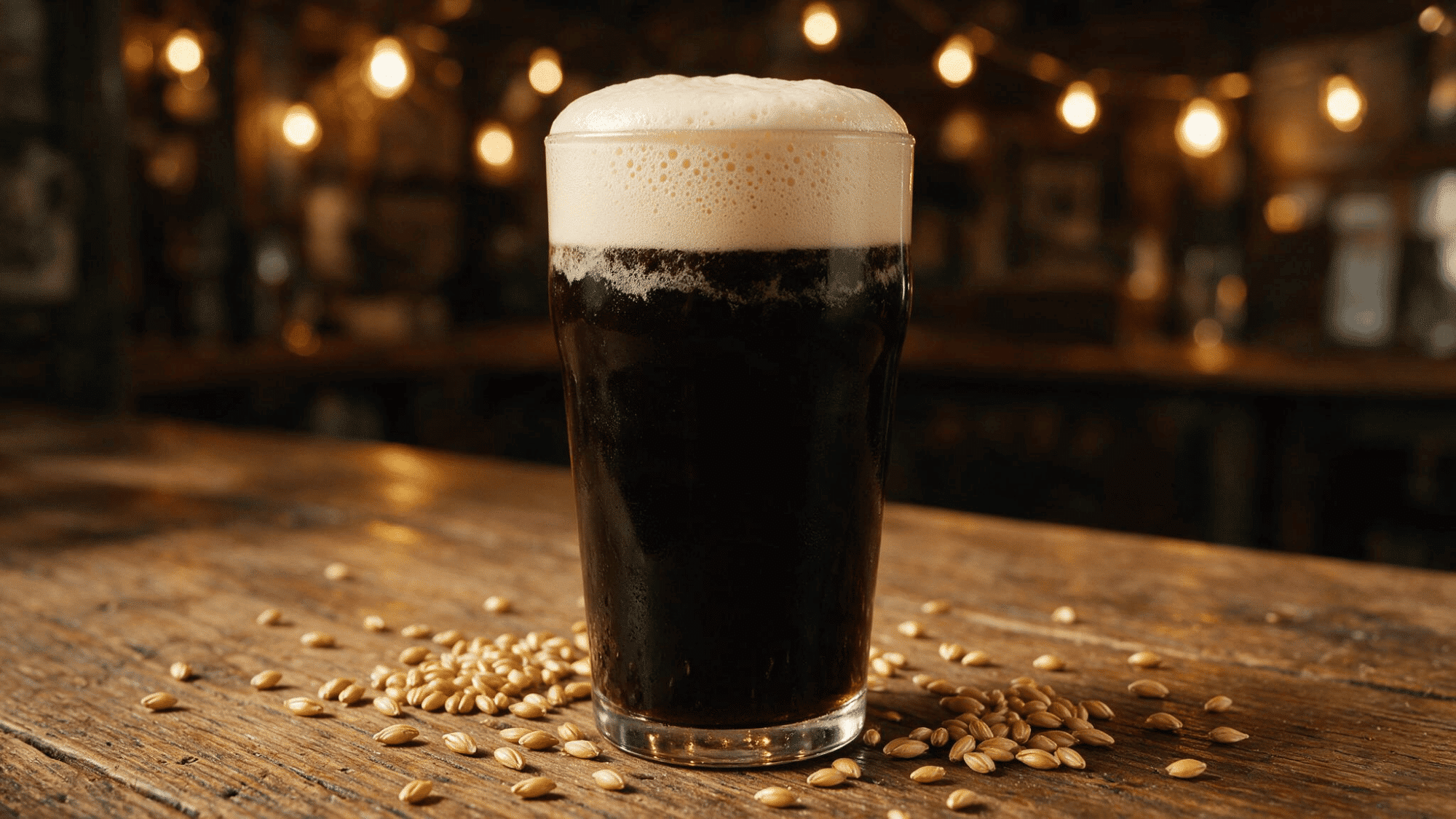 A pint of dark stout beer with creamy foam head beside malted barley grains on a wooden bar counter