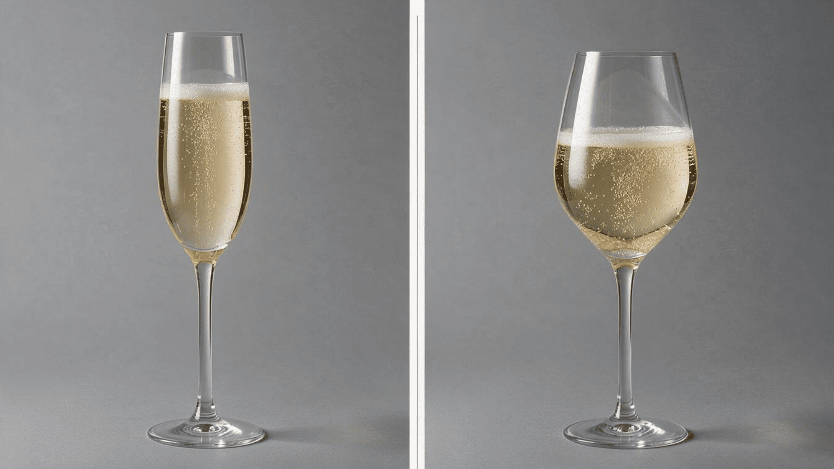 champagne flute and Prosecco glass side by side on a gray background