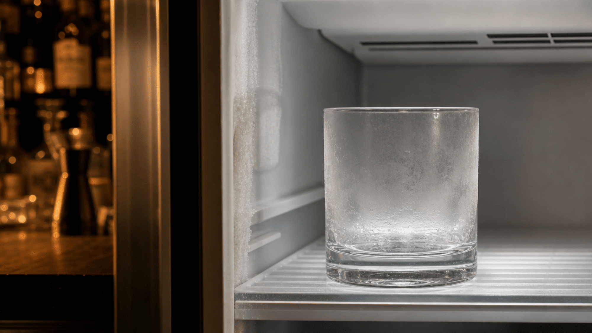 Frosted rocks glass chilling inside a freezer, ready for serving a classic <echighlighted><echighlighted><echighlighted>Sazerac cocktail</echighlighted></echighlighted></echighlighted>.