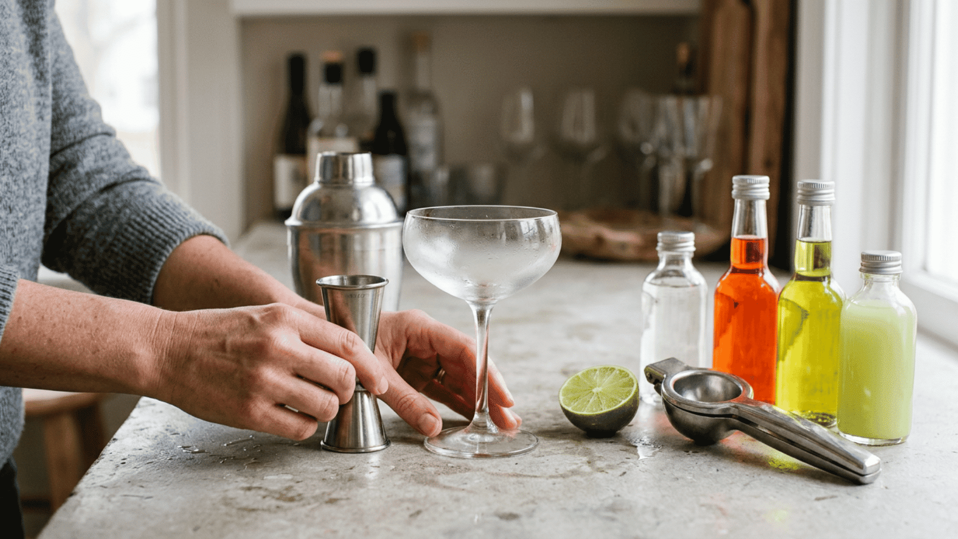 chilled coupe glass, lime, jigger, shaker, and cocktail ingredients on a stone counter