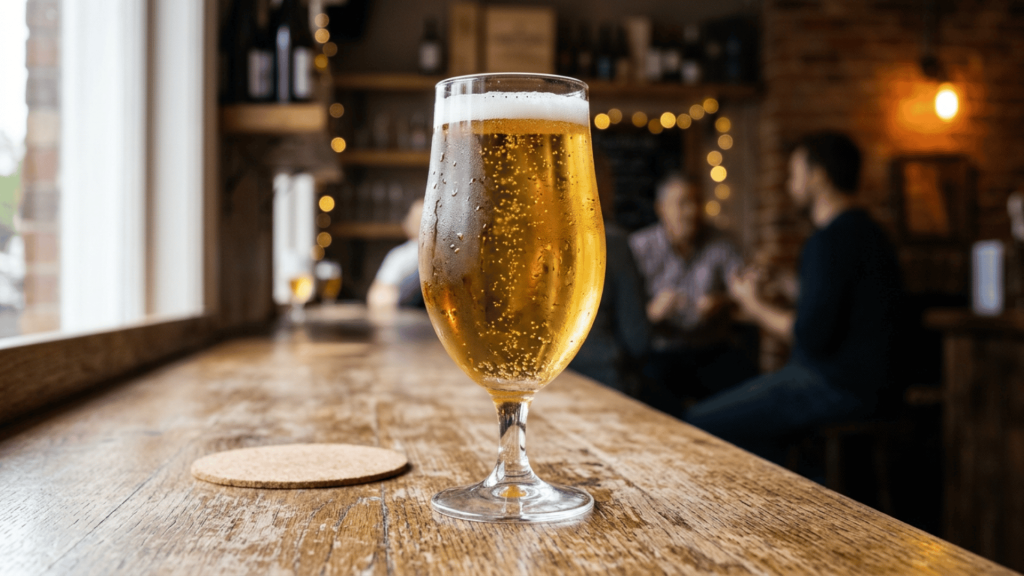 Chilled golden light beer in a glass on a wooden pub table with a softly blurred background.