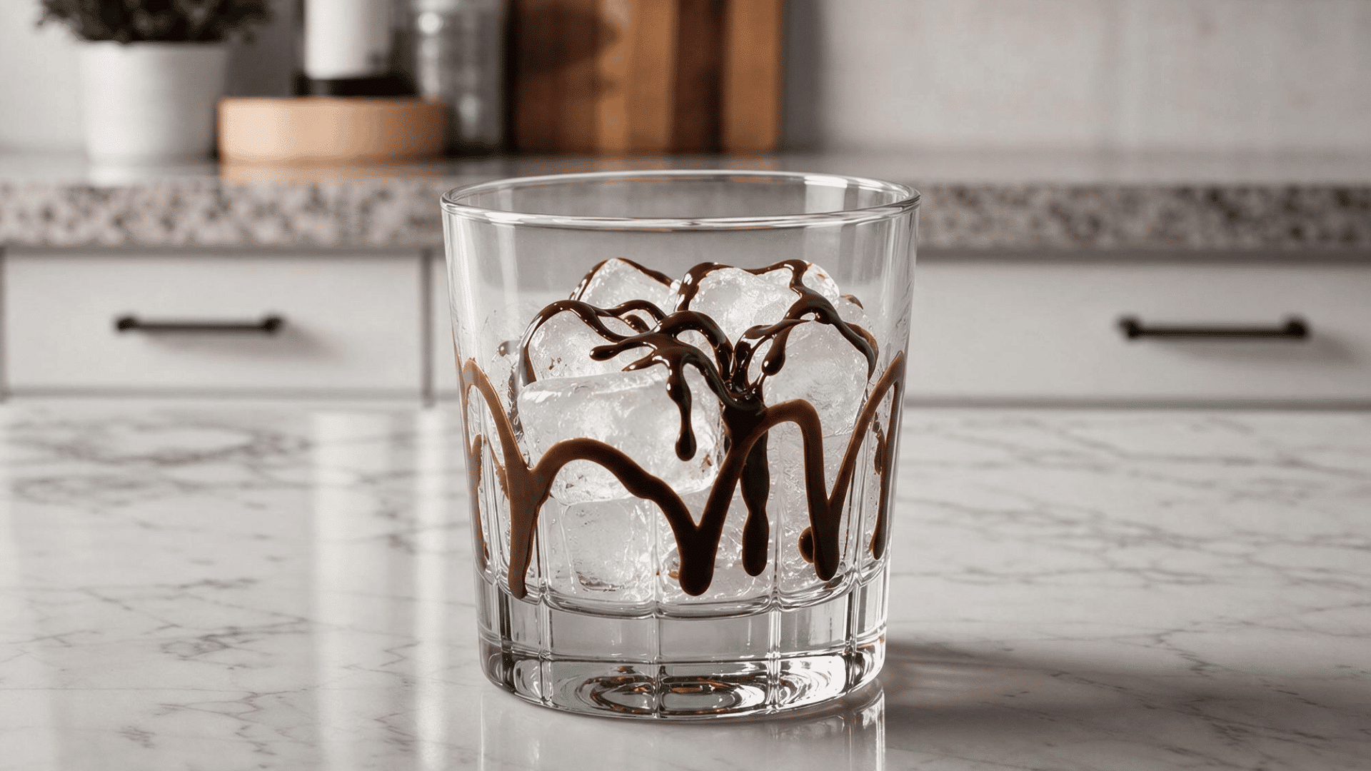 chilled rocks glass with fresh ice and chocolate syrup drizzle for a homemade mudslide recipe