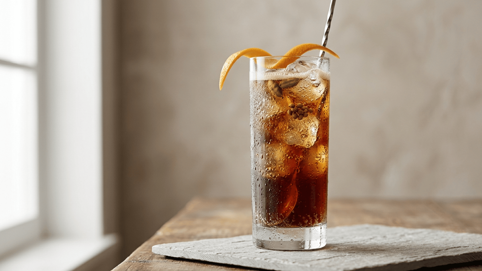 Cardamom Orange Coffee Highball garnished with orange peel in a tall glass