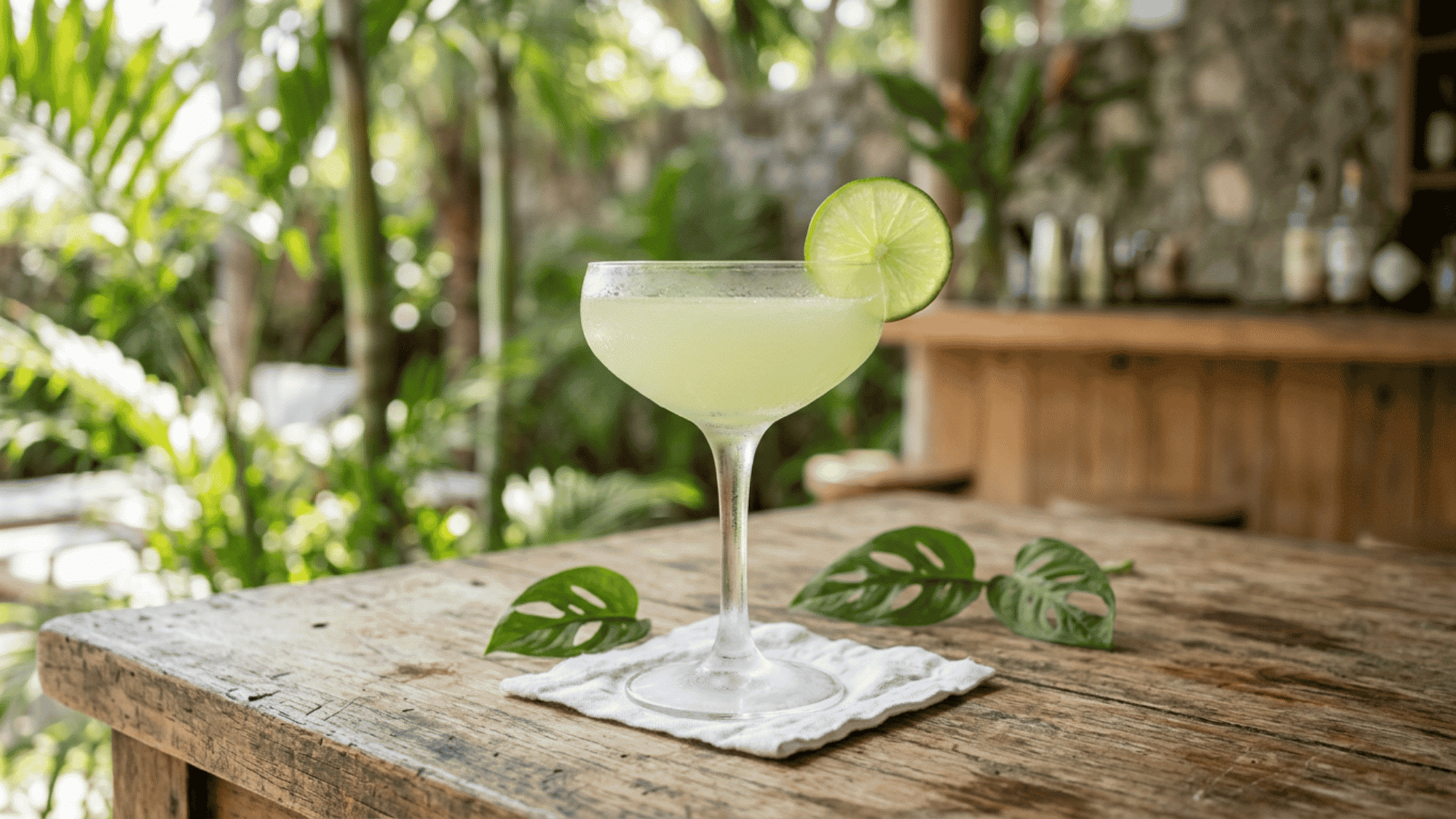 Classic Daiquiri with fresh lime garnish served in a chilled coupe glass on a rustic tropical table.
