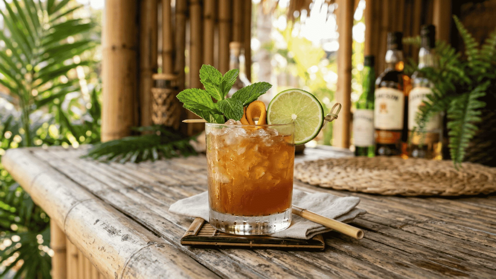 Classic Mai Tai with mint, lime, and orange garnish served on a rustic tropical tiki bar counter.