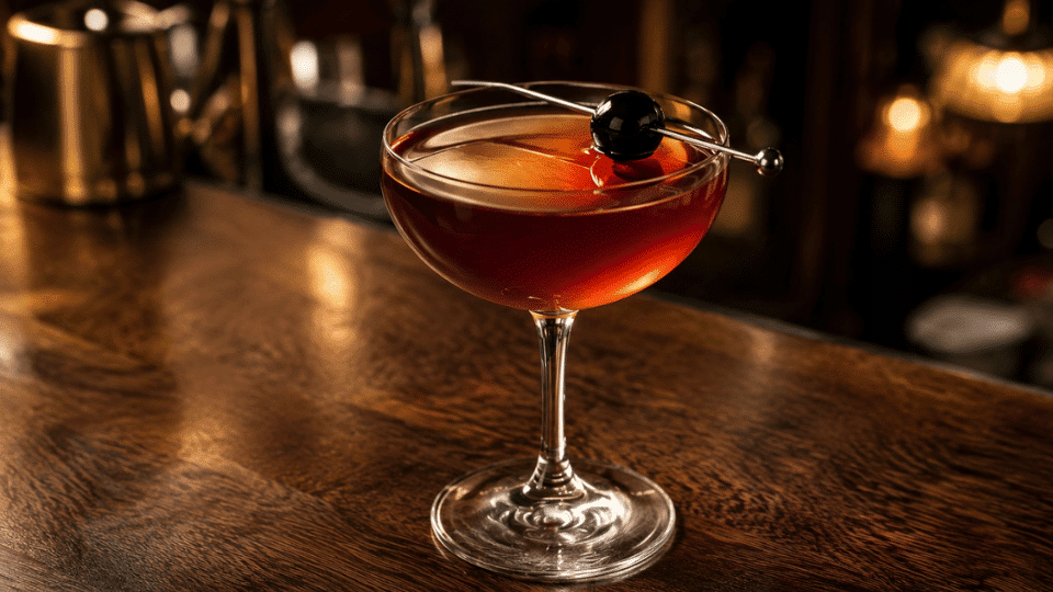 manhattan cocktail with orange twist and cherry served in a martini glass