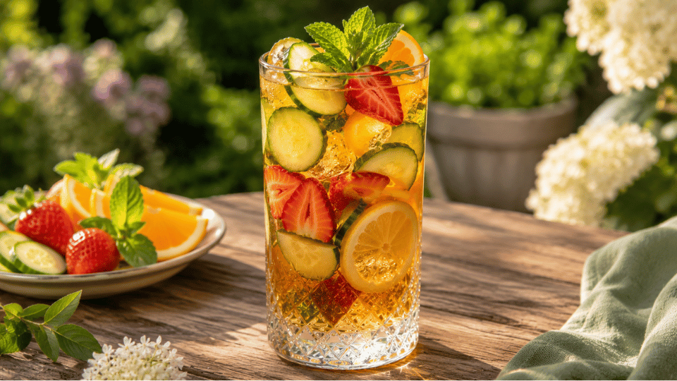 Freshly made Pimm's drink with strawberries, citrus, mint, and ice served on an elegant outdoor table